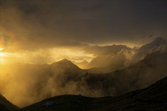 Montafon mountains with dramatic cloudy sky at sunset, Tschagguns, Rätikon, Montafon, Vorarlberg,