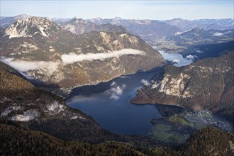 View from the Dachstein Krippenstein to Lake Hallstatt. Hallstatt on the left, Obertraun on the