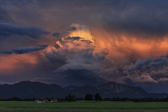 Thunderclouds in the evening light, Loisach-Lake Kochel moor, view of Kochler mountains, Alpine