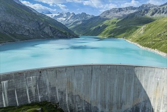 Dam of the Moiry lake, Lac de Moiry, turquoise glacial water, aerial view, Valais, Switzerland,