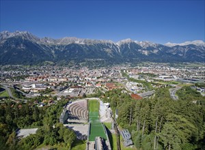 Bergiselschanze, ski jump at Bergisel, view of Innsbruck with the Innsbruck Nordkette, Innsbruck,