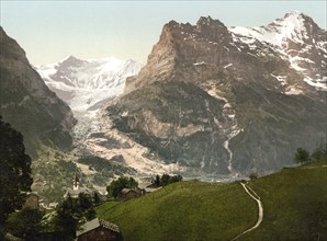 Grindelwald, Kirche und Eiger, Bernese Oberland, Switzerland, Historic, digitally restored