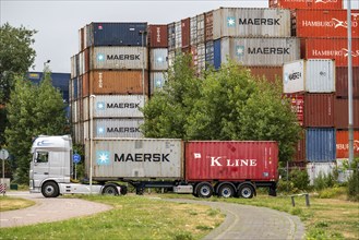 Europoort harbour, Waalhaven area, large container stack, warehouse, at RST Container Terminal,