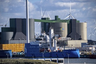 Holland Malt building, in the industrial harbour of Eemshaven, wind power plants, Netherlands