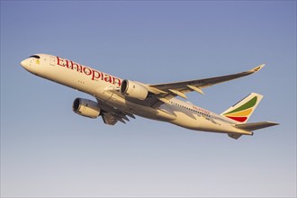 An Ethiopian Airlines Airbus A350-900 aircraft with the registration ET-AZI at the airport in