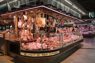 Ham and sausages, Mercat de Santa Caterina market hall, Barcelona, Catalonia, Spain, Europe