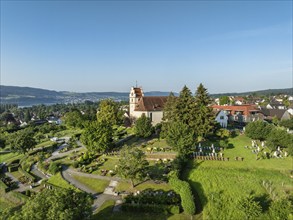 The church of St. Johann and Vitus in Horn on the Höri peninsula, aerial view, Gaienhofen, Lake