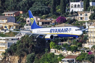 A Ryanair Boeing 737-800 aircraft with registration EI-DYC at Corfu Airport, Greece, Europe