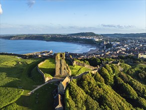 Scarborough Castle from a drone, Scarborough, North Yorkshire, England, United Kingdom, Europe