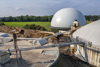 Biogas plant, gas storage, with dome, fermenter tanks for the fermentation process, use of solid