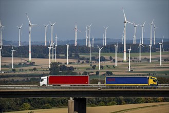 Wind farm near Lichtenau, bridge on the A44 motorway, Ostwestfalen Lippe, North Rhine-Westphalia,