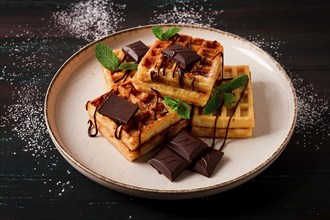 Viennese waffles, with chocolate, breakfast, on a dark background, no people, selective focus,