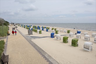 Beach chairs in a row on the beach, North Sea coast, Wyk, Föhr, North Sea island, North Frisia,