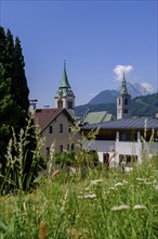 Cemetery tower and tower of the parish church, old town centre, Schwaz, Inntal, Tyrol, Austria,