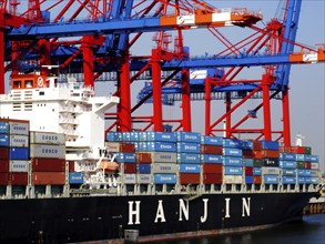 Germany, Hamburg, harbour, container port, Eurogate, container ship of the Hanjin Line, Hamburg,