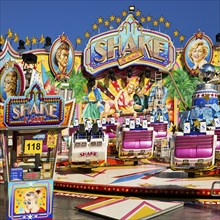 Empty fairground shop Shake under a blue sky in the morning, Cranger Kirmes, Herne, Ruhr area,