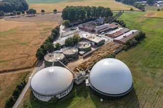 Biogas plant, gas storage, with dome, fermenter tanks for the fermentation process, use of solid