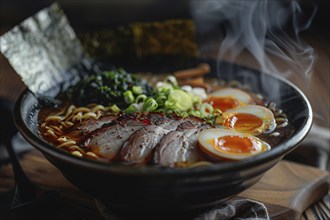 Ramen with miso broth, tender pork slices, soft-boiled eggs, and nori in bowl. Generative Ai, AI