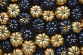 Top view of many small golden and black pumpkins. Generative Ai, AI generated