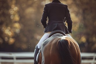 Back view of person in riding horse in dressage sports competition. Generative AI, AI generated