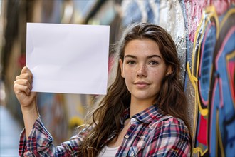 Young woman holding white empty paper sign in front of colorful wall. Generative Ai, AI generated