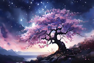 Sakura tree blossoming with pink petals and branches reaching towards a star studded night sky, AI