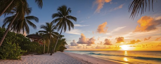 Sunrise at a caribbean coast real estate beach resort with tropical palms, AI generated