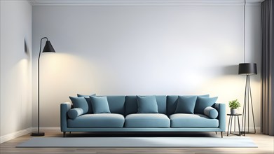 3d rendering of a couch with cushions and a floor lamp, AI generated