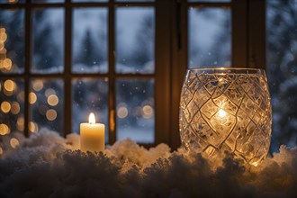 Snow-covered window with frost patterns, candlelight softly glowing through the glass, and warm,