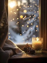 Snow-covered window with frost patterns, candlelight softly glowing through the glass, and warm,