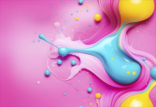 Abstract image with colorful yellow and turquoise blobs and liquid shapes on a pink background, AI