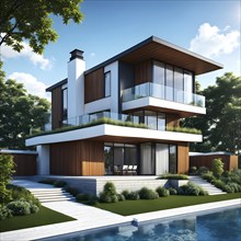 Three dimensional render of a modern ecological real estate residential house, AI gnerated, AI