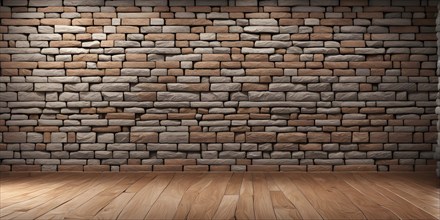 Three dimensional rendering of natural stone wall and wooden floor, AI generated