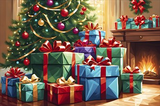 Abstract illustration of wrapped Christmas gifts, shiny ribbons and bows, stacked under a evergreen