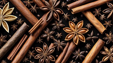 Abstract wallpaper illustration of Christmas spices like cinnamon sticks, star anise, and cloves,