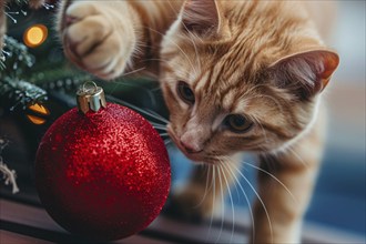 Curious cat playing with red Christmas tree bauble. Generative AI, AI generated