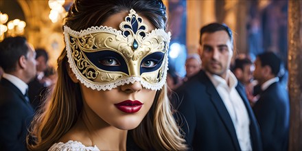 Young woman at venetian masquerade with ornate mask, AI generated