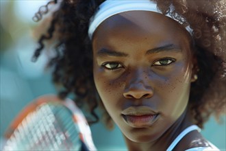 Close up of black woman's face with tennis racket. Generative Ai, AI generated