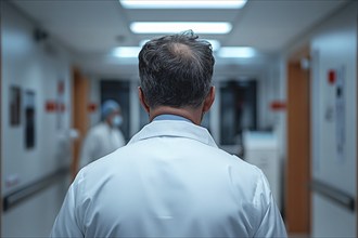 Back view of male doctor wearing lab coat in hospital. Generative Ai, AI generated