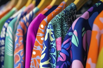 Colrful clothing with bright and bold patterns hanging on clothing rail. Generative ai, AI