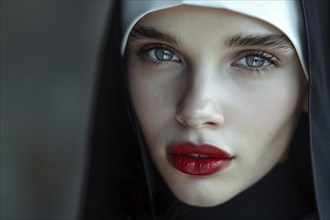 Attractive young woman with red lipstick and christian nun habit with veil. Generative Ai, AI