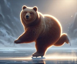 A brown bear skating on the ice, AI generated, AI generated