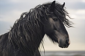 Portrait of black Frisian horse with long crly mane. KI generiert, generiert, AI generated