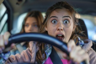 A young woman sits in a car and looks surprised, startled, symbolic image, distraction in road