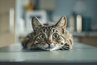 Scared cat on examination table in vet clinic. KI generiert, generiert, AI generated