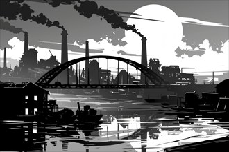 Illustration, graphic of an industrial landscape with bridges over a river, smoking chimneys under