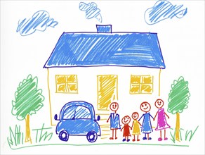 A family with a detached house and car, drawing, coloured pencil drawing by a preschool child,