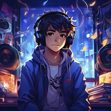 Anime style portrait of a boy with large headphones engulfing his ears, AI generated