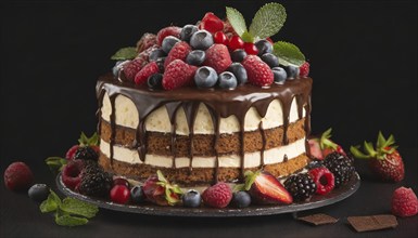 Food, baked goods, pastries, tiered cake with chocolate and fresh berries, AI generated, AI