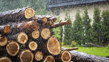 Forestry, timber industry, logs for firewood lying in the rain, AI generated, AI generated